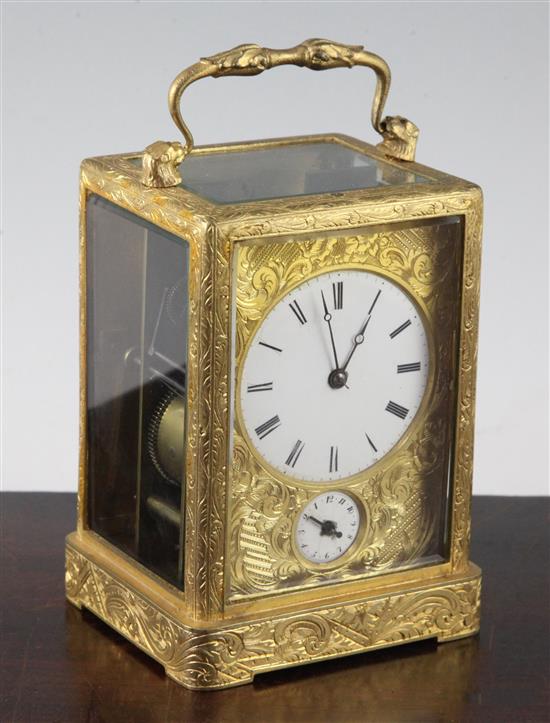 A 19th century French gilt brass alarum carriage clock, H.5.5in.